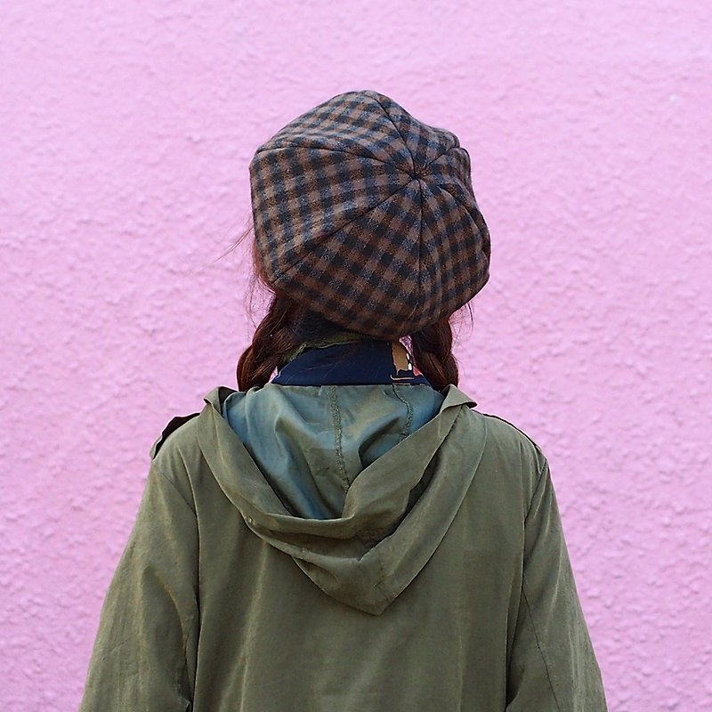 XiaoniuVillage手作りベレー帽太い温かみチェック柄髪【レトロ柄】B-02 - 帽子 - ウール ブラウン