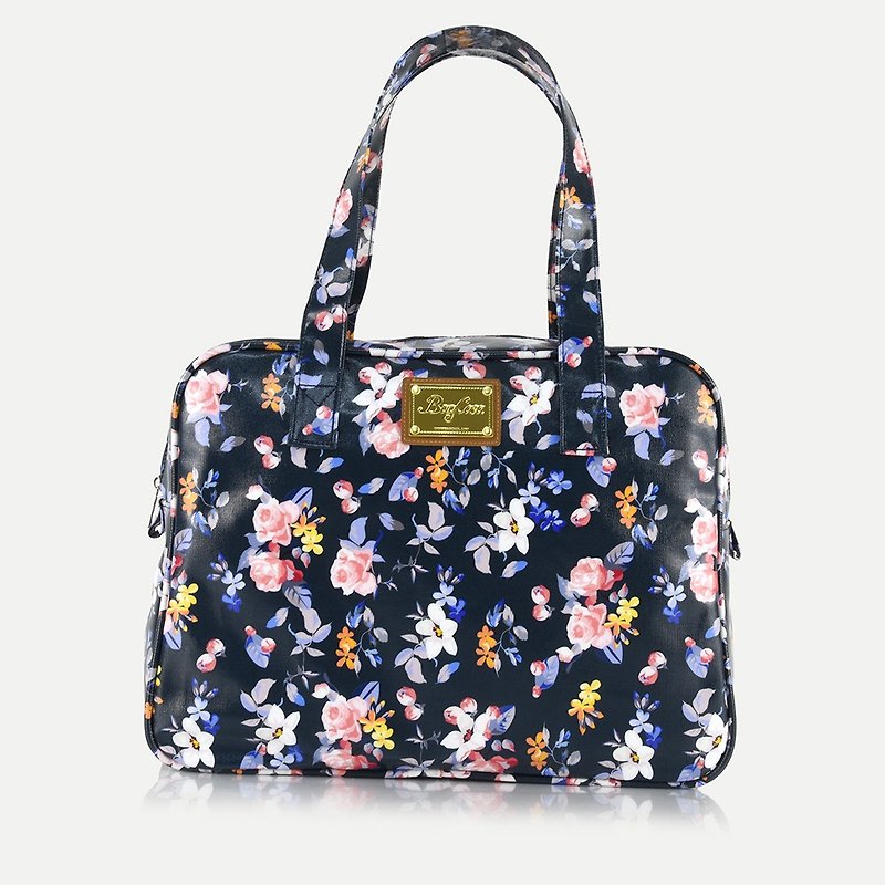 Flange rose waterproof zipper generous bag-pink blue - Handbags & Totes - Cotton & Hemp Blue