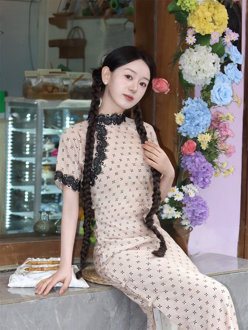 粉色 手工撬邊砂洗重縐民國風古法旗袍 後腰省筒子領襟洋裝裙 - 旗袍/改良式旗袍 - 棉．麻 藍色