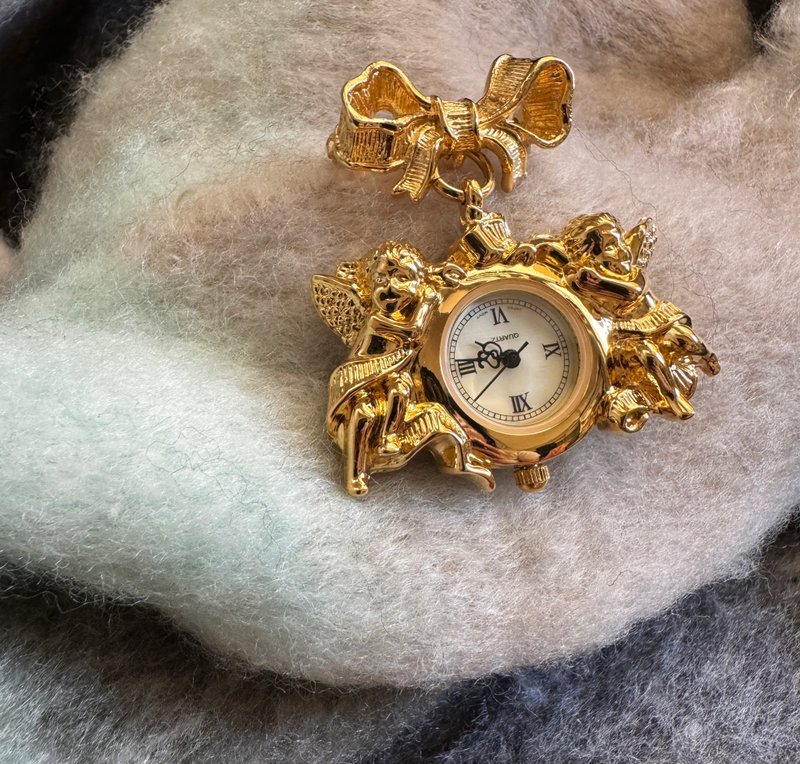 Antique Avon 1995 AVON Cherub Pocket Watch Time Bow Pendant Pin B2240 - สร้อยคอ - โลหะ สีทอง