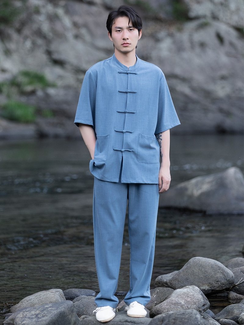 新中式復古 盤扣短袖唐裝上衣 長褲套裝 - 男襯衫/休閒襯衫 - 其他材質 多色