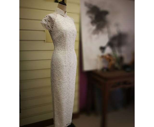 white lace cheongsam gown