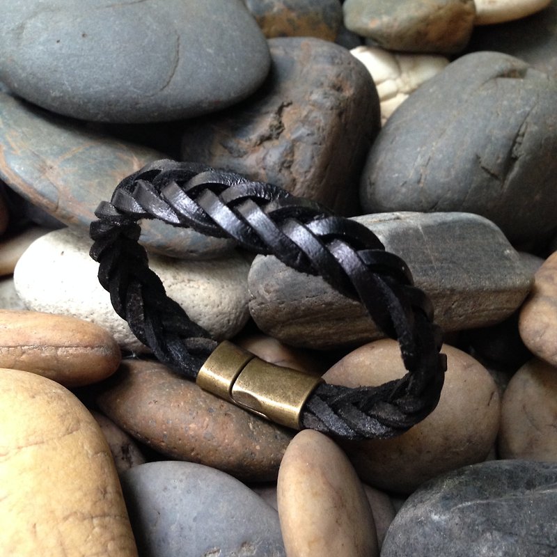Black Weave Leather Bracelet with Brass Clasp - Bracelets - Genuine Leather Black