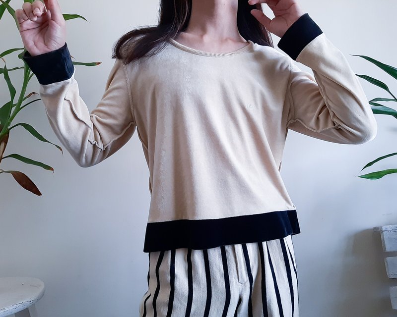 中型 - SONIA RYKIEL PARIS 米色 黑色 天鵝絨襯衫 套頭衫 天鵝絨 - 女上衣/長袖上衣 - 聚酯纖維 卡其色