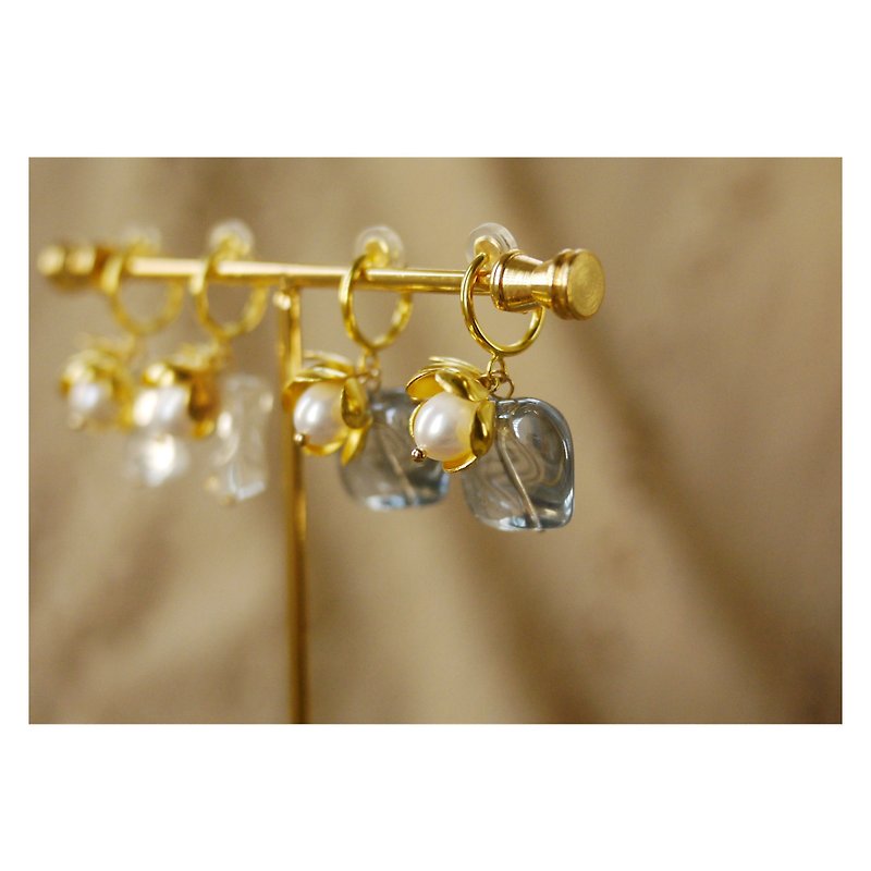 冰凍花朵 | 透明 | 淡水珍珠 | 夾式/穿式耳環 | clip-on/pierced