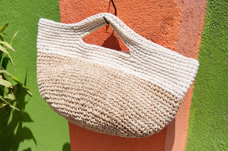 Cotton & Hemp Handbags & Totes Khaki - Hand-woven cotton crochet side backpack / shoulder bag / shopping bag / woven bag / crochet bag / cotton and linen bag - semicircle