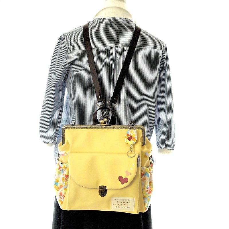 【Tokimeki and courage heart 】3 WAY Right side zipper backpack Lemon sorbet - Backpacks - Genuine Leather Yellow