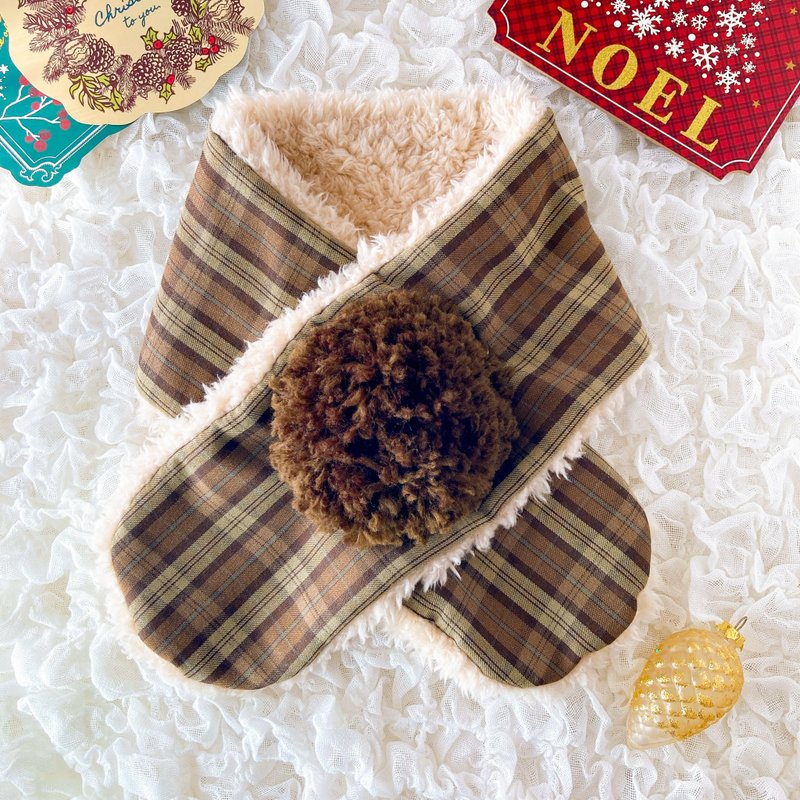 Kids pom-pom scarf, tartan check/camel Brown , soft and light poodle fur and wool - Other - Wool Brown