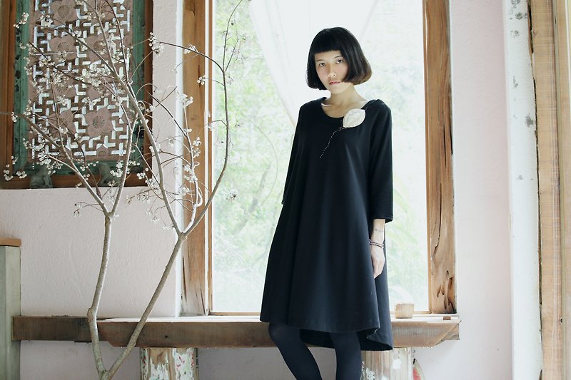 Long top - เสื้อผู้หญิง - ผ้าฝ้าย/ผ้าลินิน สีดำ