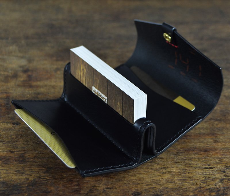 義大利協會認証植鞣革 黑色手縫可立式大容量名片盒/卡片套 - 卡片套/卡片盒 - 真皮 黑色