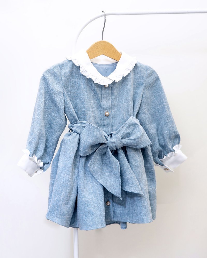 【KID SIZE 80-130】英倫花園小童洋裝 水藍 附綁帶 - 女童洋裝/裙子 - 棉．麻 藍色