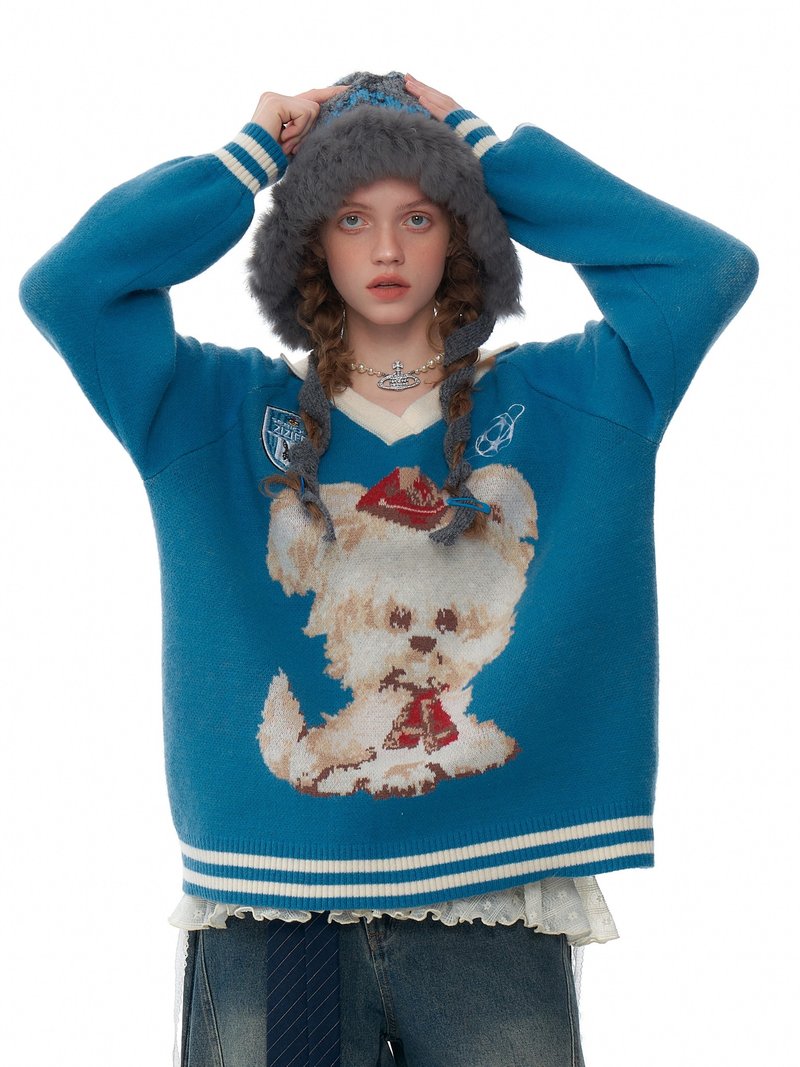 ziziFei autumn and winter American retro design polo V-neck blue soft lazy sports style dog sweater for women - สเวตเตอร์ผู้หญิง - วัสดุอื่นๆ สีน้ำเงิน