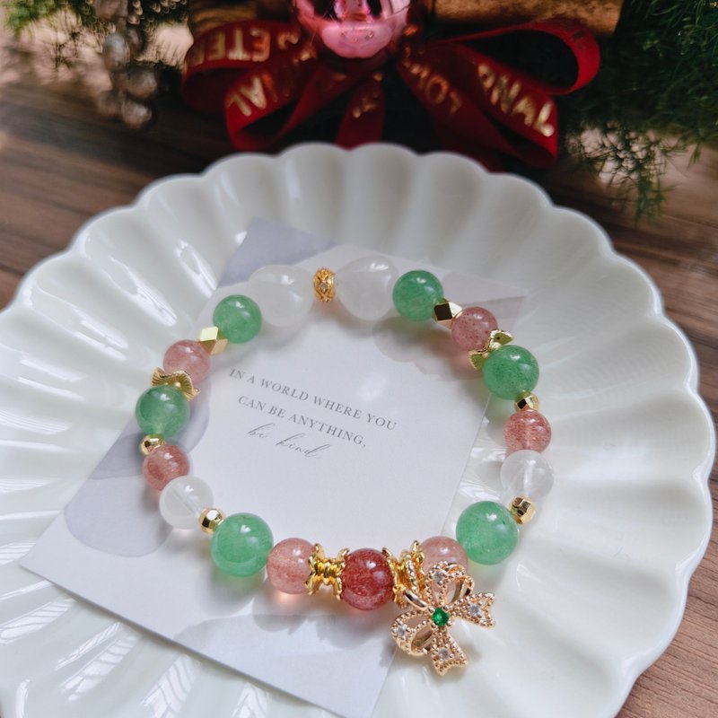 聖誕款A【白幽靈x草莓晶x綠草莓晶水晶手鏈 】好人緣 - 手鍊/手環 - 水晶 綠色