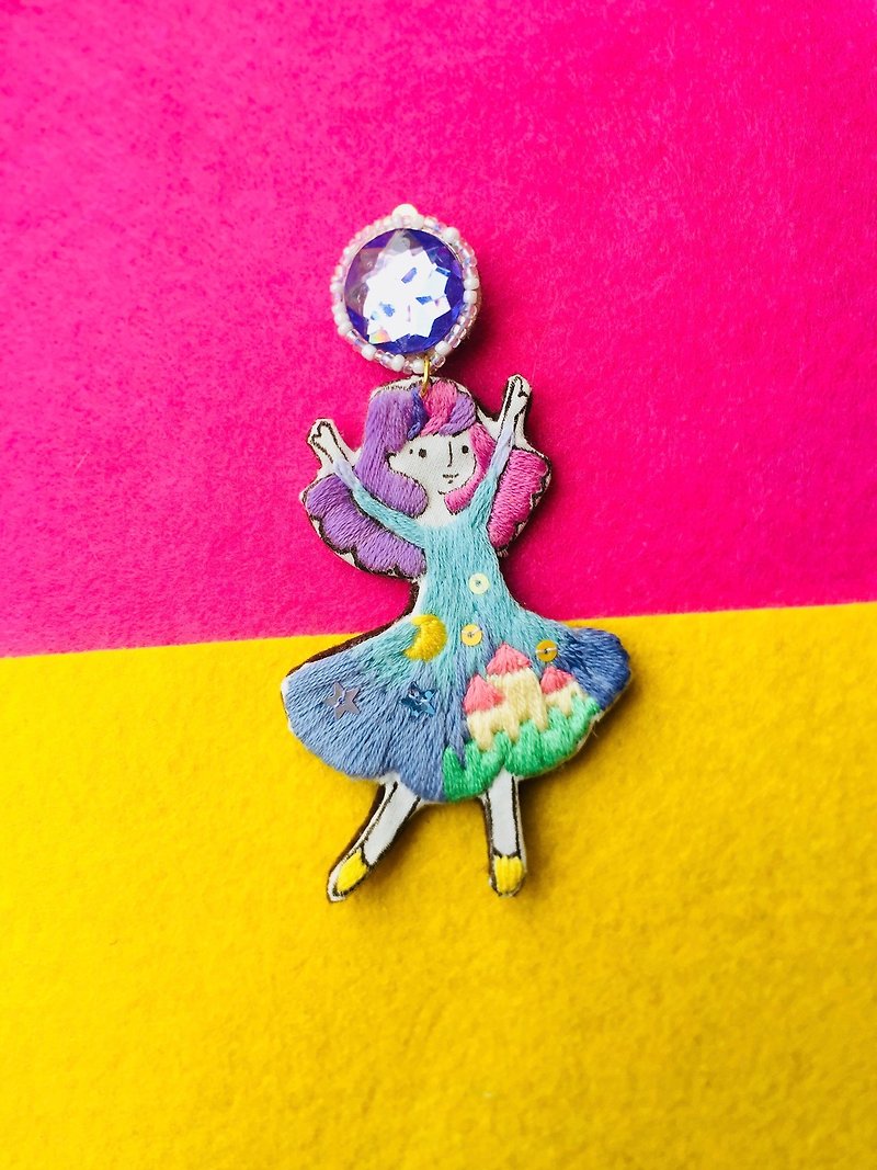 Dancing Little me hand printing and embroidery earring castle dress - Earrings & Clip-ons - Thread Blue