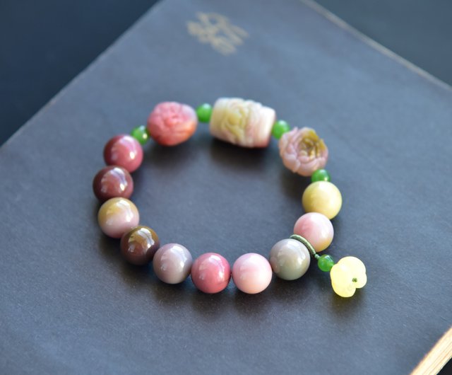 【塩源瑪瑙】  牡丹の花彫り  天然石ブレスレット  ■2点おまとめ専用■ 花縁】天然塩源瑪瑙手彫り牡丹の花ブレスレット - ショップ shan
