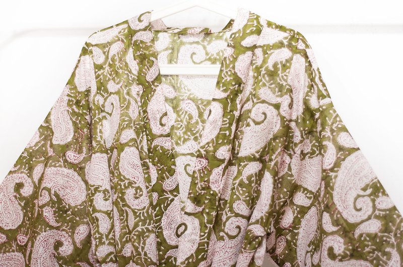 木刻印純棉長袖外套 印度純棉長罩衫 blockprint木刻印罩衫-花朵 - 外套/大衣 - 棉．麻 綠色