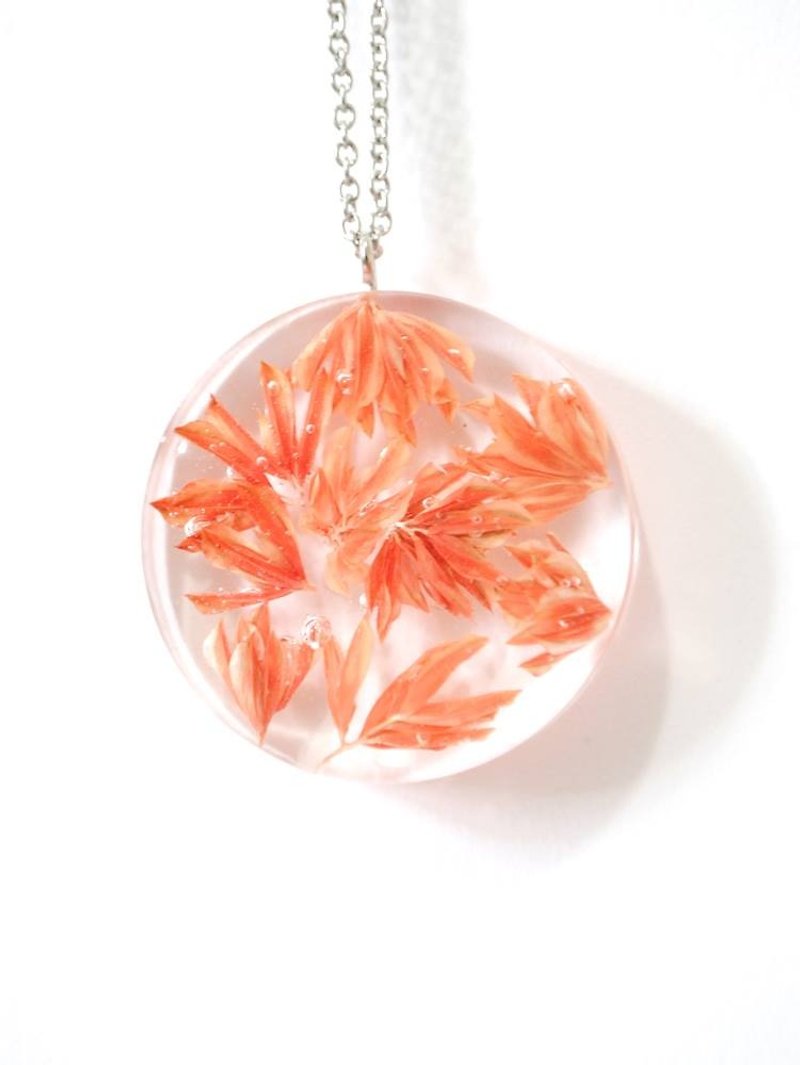 Colour Freak Studio Orange Dried Flower Necklace / Flat round pendant / Flower In Ice Series - สร้อยคอ - พืช/ดอกไม้ สีส้ม