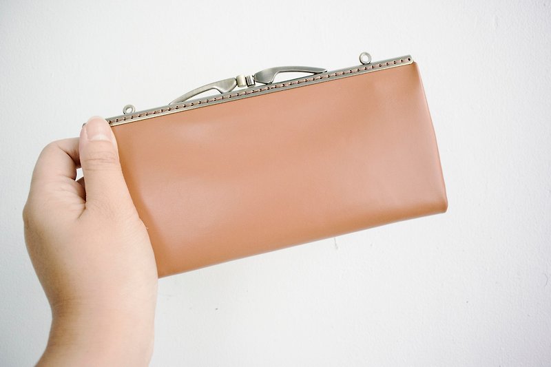 Leather Kisslock Clutch, Wallet, Frame Purse, Long Wallet/Camel - Wallets - Genuine Leather Brown
