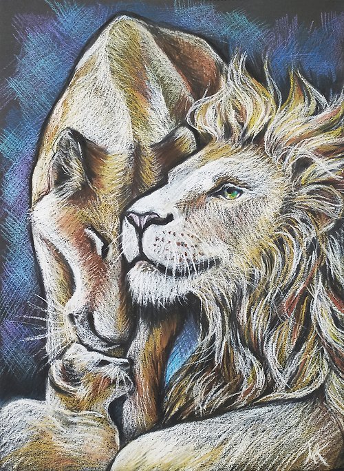 Nadinart The family of lions painting oil pastel original art animals drawing artwork