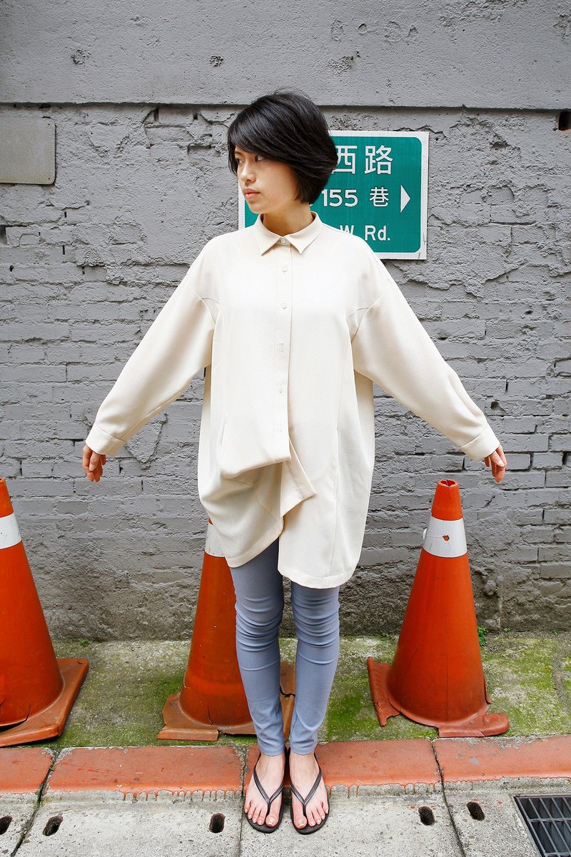 Beige wide slim long shirt - Women's Shirts - Polyester Khaki
