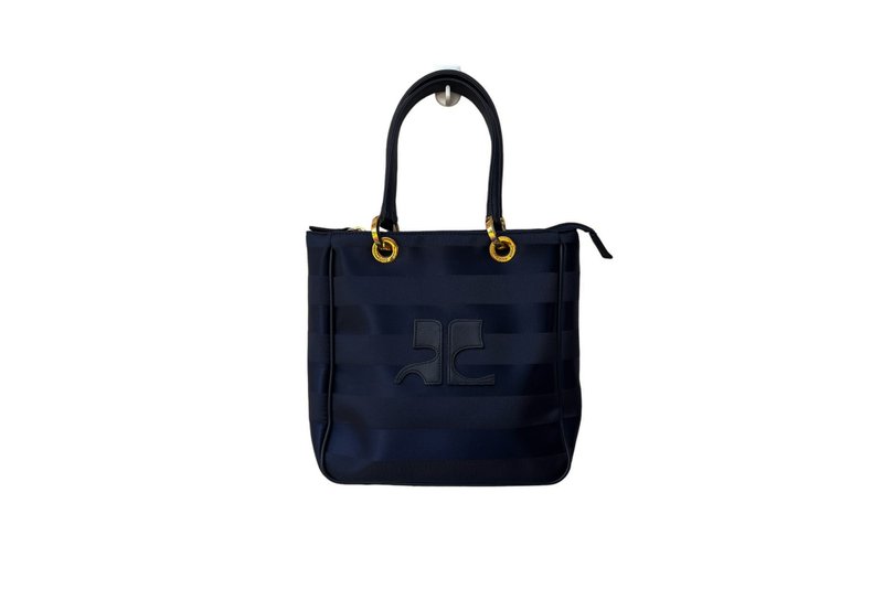 COURRÈGES PARIS Navy nylon handbag with Striped textured, genuine leather strap - Handbags & Totes - Genuine Leather Blue