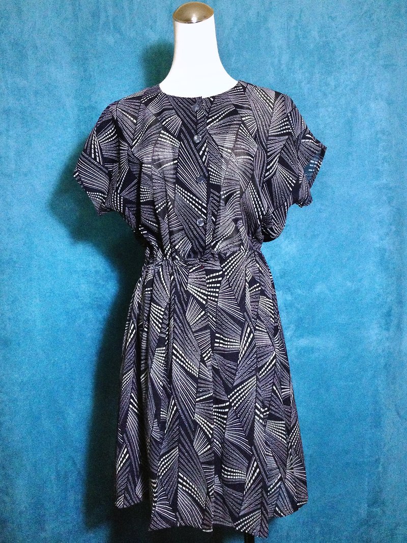 Ping-pong vintage [vintage dress / geometric vintage denim short-sleeved dress] bring back foreign VINTAGE - One Piece Dresses - Polyester Blue