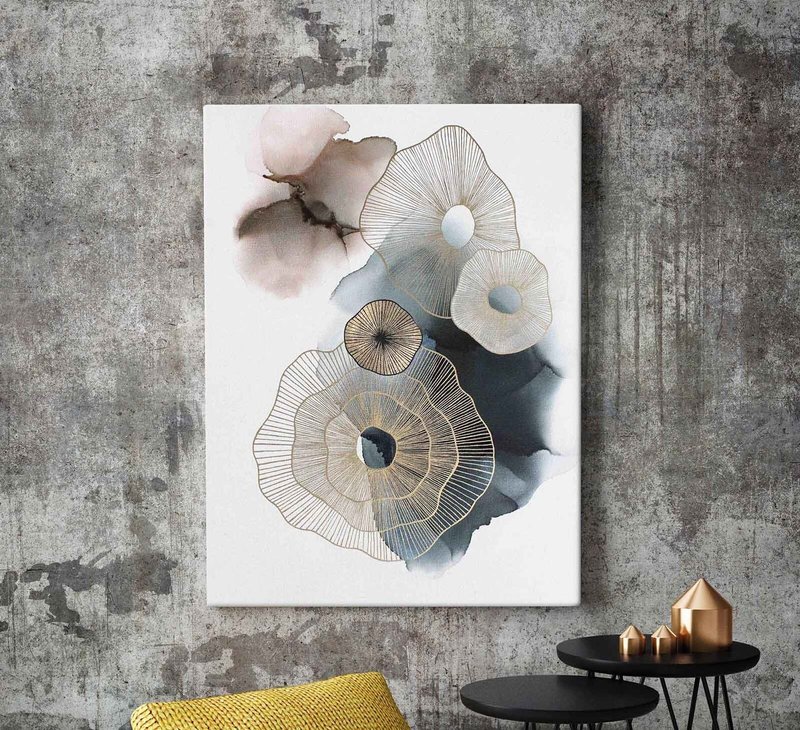 Alcohol Ink Art | Minimal Ink Art Blue | Blue Ink Painting | Golden Molecules - 壁貼/牆壁裝飾 - 棉．麻 藍色