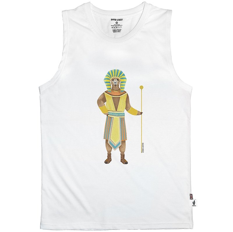 British Fashion Brand -Baker Street- Alpaca Pharaoh Printed Tank Top - เสื้อกั๊กผู้ชาย - ผ้าฝ้าย/ผ้าลินิน ขาว