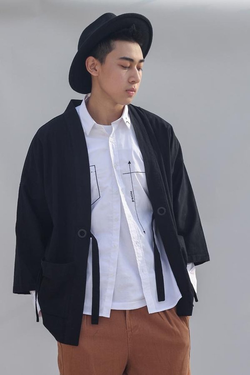 Boxy Kimono Cardigan - เสื้อโค้ทผู้ชาย - ผ้าฝ้าย/ผ้าลินิน สีดำ