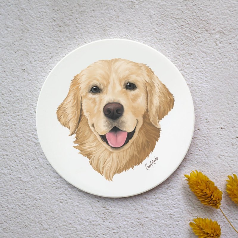 Watercolor Style Pet Portrait Coaster (Golden Retriever) - Other - Pottery White