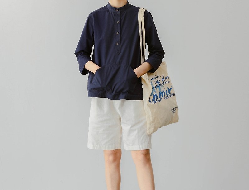 French retro literary girl's navy blue stand-collar cotton three-quarter sleeve shirt - เสื้อผู้หญิง - ผ้าฝ้าย/ผ้าลินิน สีน้ำเงิน
