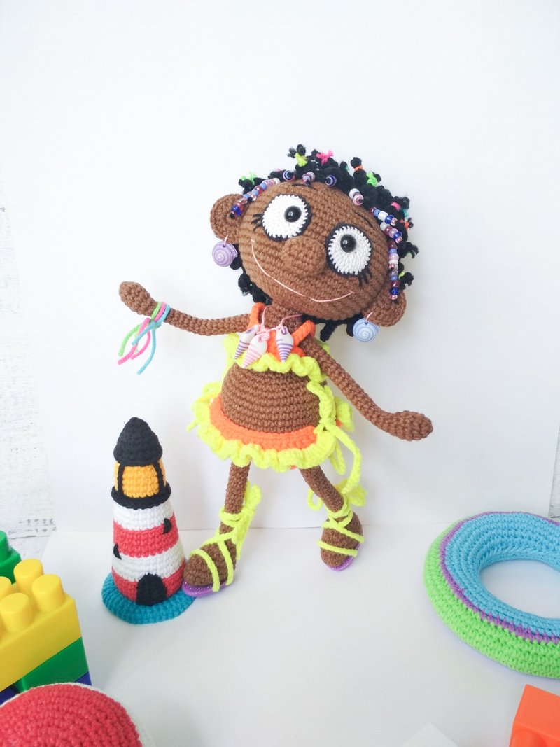 Black girl doll. Brown skin girl. Amigurumi doll. African crochet doll for gift. - Kids' Toys - Cotton & Hemp Brown