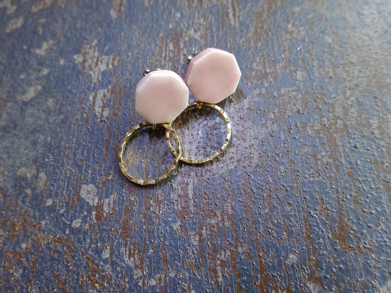 Pottery Earrings & Clip-ons Pink - Octagonal and gold ring porcelain Clip-On
