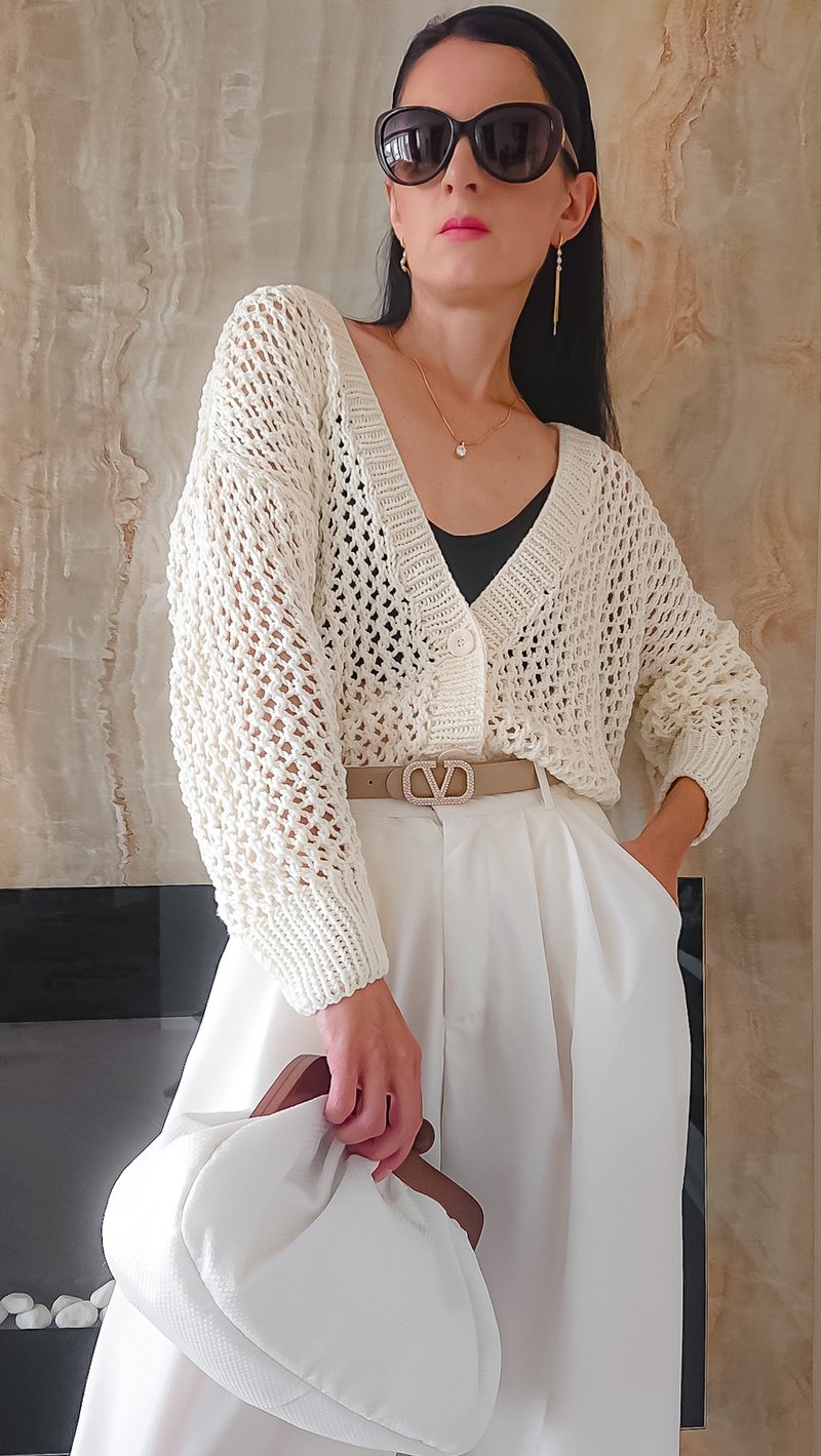See through top Summer knitted cardigan White cardigan women Handmade sweater - 女毛衣/針織衫 - 棉．麻 