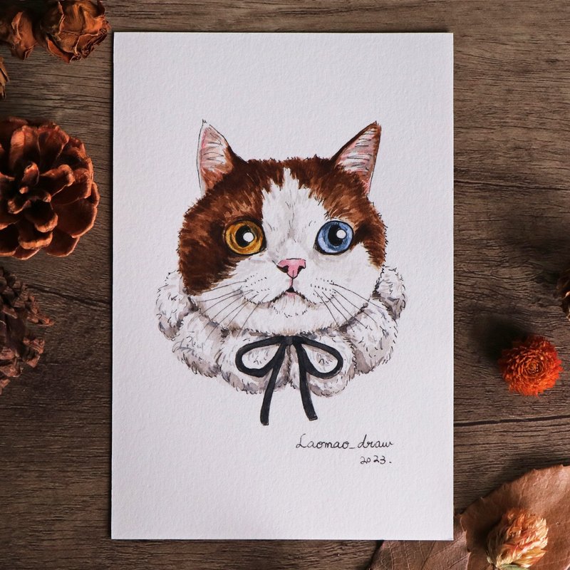 Watercolor illustration original cat head portrait 4X6 6 inches 3006 white background Brown spotted cat with fur ball collar - โปสเตอร์ - กระดาษ 