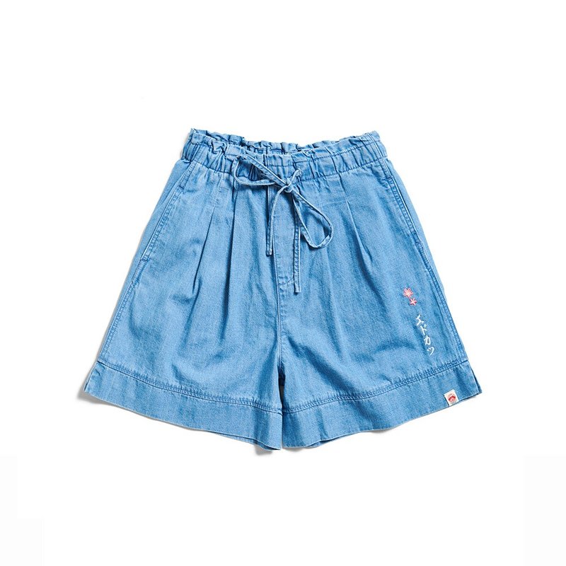 Edo Katsu Japanese denim cherry blossom shorts-women's style (heavy bleached blue) #pants#shorts - กางเกงขาสั้น - ผ้าฝ้าย/ผ้าลินิน สีน้ำเงิน