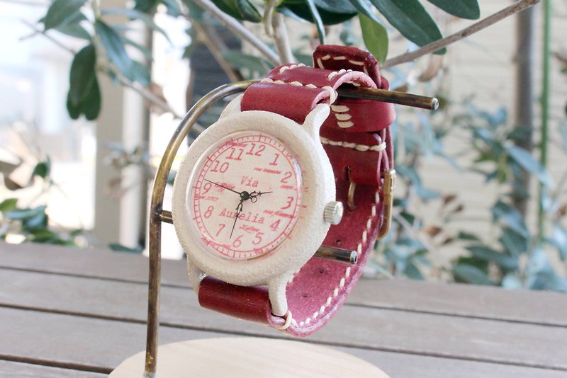 手作り腕時計【金属アレルギー対応】Via Aurelia(ストーンケースWhite & Redベルト) - 女裝錶 - 銅/黃銅 白色