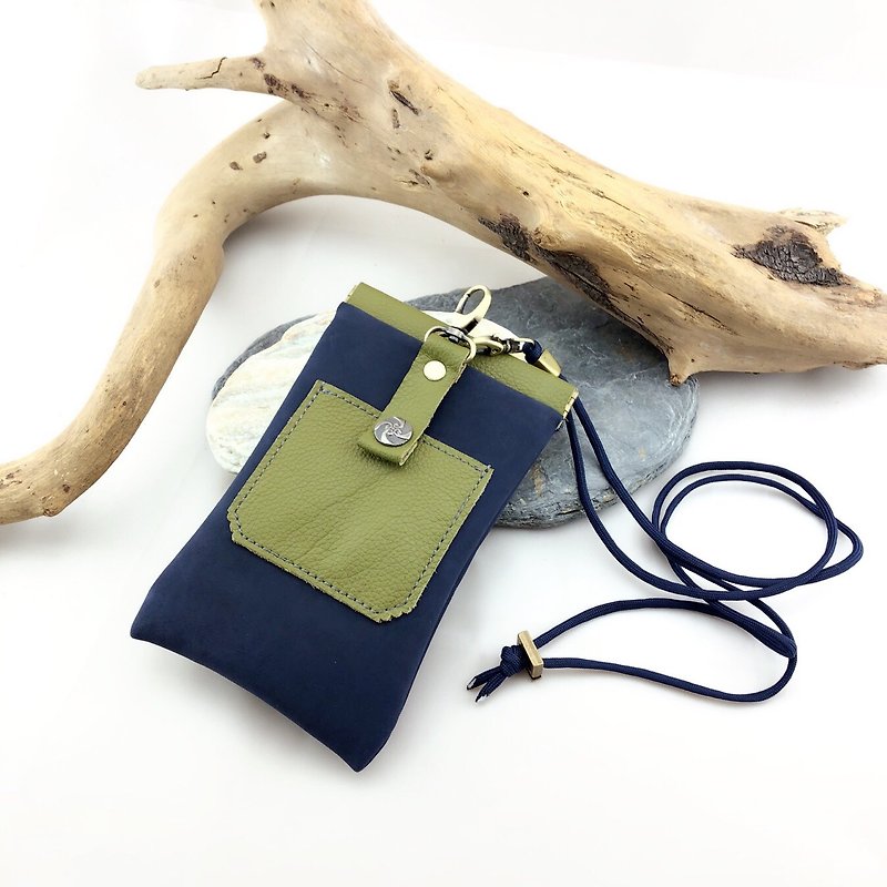 ➜. Splicing shrapnel multi-function mobile phone bag. ➜ --- phone case / headset / card / travel card / glasses bag / admission / passport / back phone bag / hanging neck mobile phone bag - เคส/ซองมือถือ - หนังแท้ สีน้ำเงิน