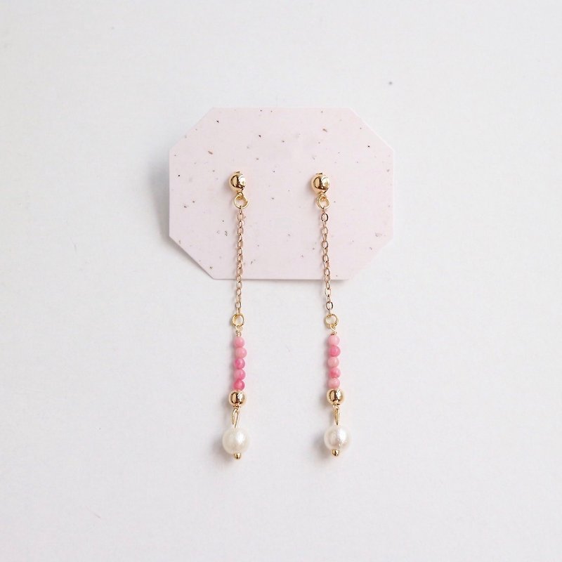 18kgf包金鏈  粉色天然石日本棉花珍珠子極簡約百搭串珠垂墜耳環 - 耳環/耳夾 - 石頭 粉紅色