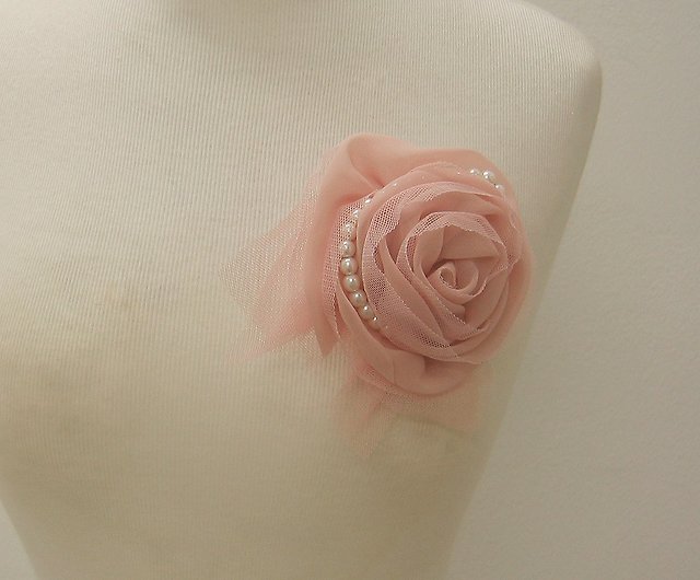 Chiffon Rose Fabric Flower Wedding Corsage Pin Brooch With Feather
