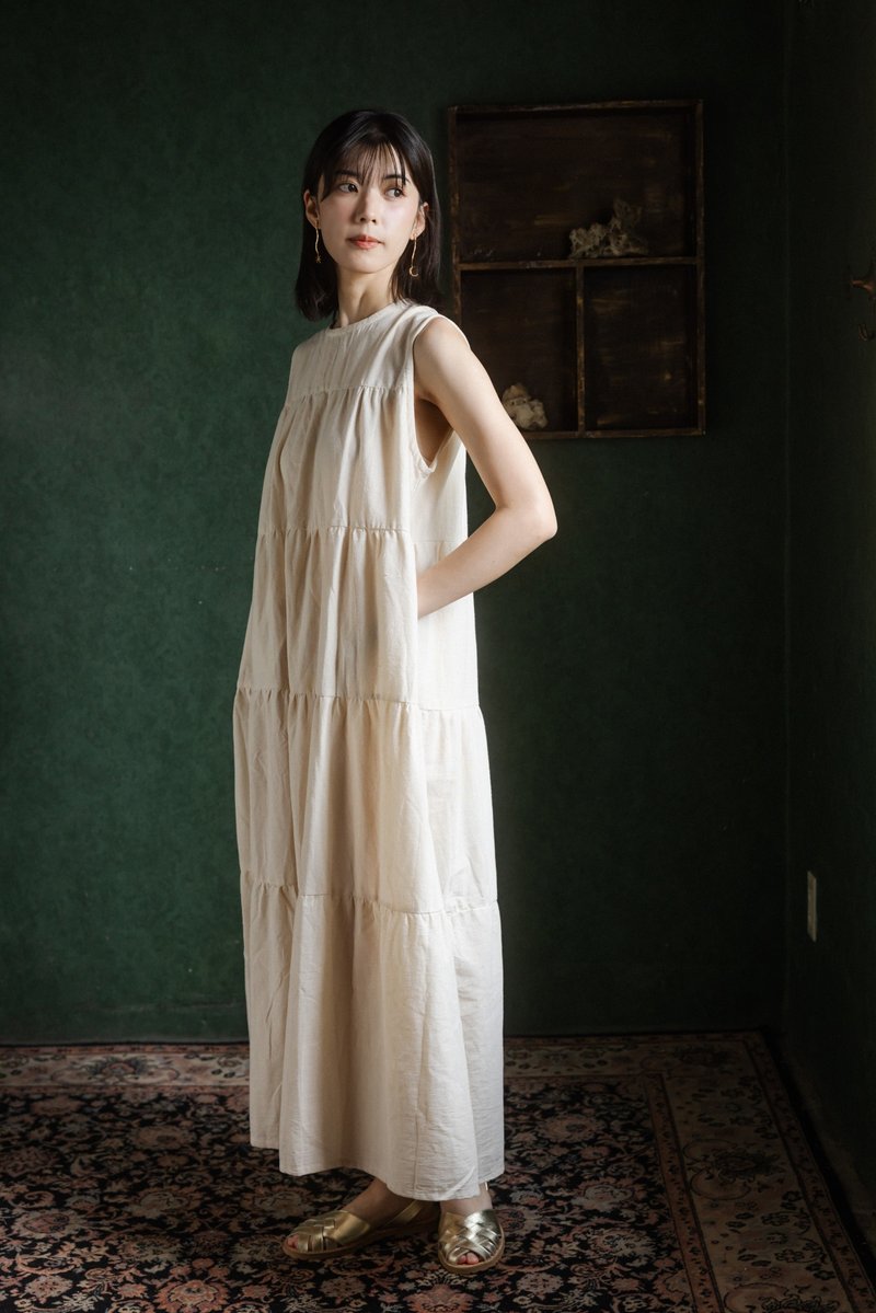 ノースリーブ純コットンティアードロングワンピース_オフホワイト - ワンピース - コットン・麻 ホワイト