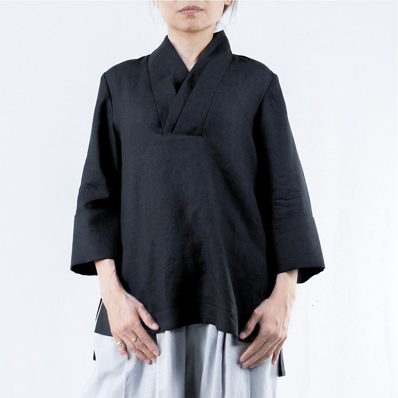 Scarf-collar Shirt, BK. - Women's Tops - Cotton & Hemp Black