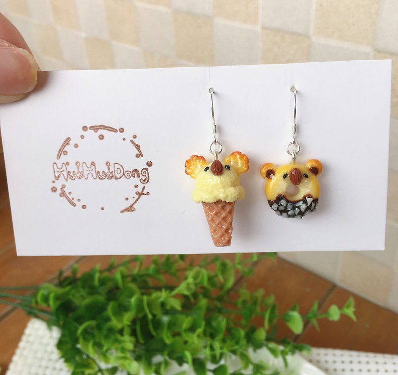 Original hand-made simulation mini summer cute koala donut ice cream Silver earrings ear clips - Earrings & Clip-ons - Other Materials 