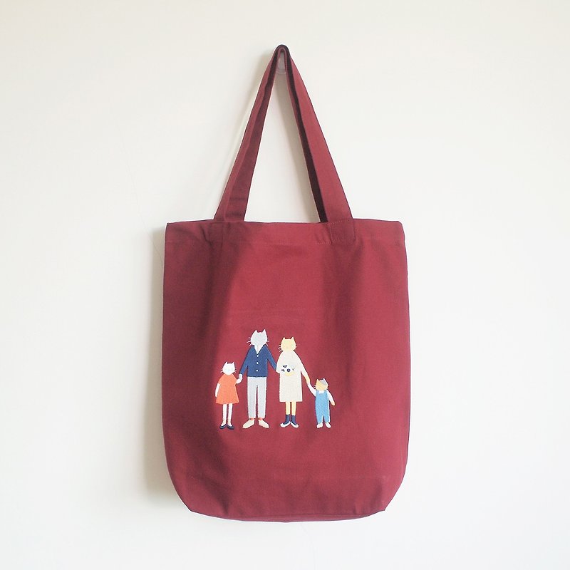 cat family tote bag : red - 側背包/斜孭袋 - 棉．麻 紅色