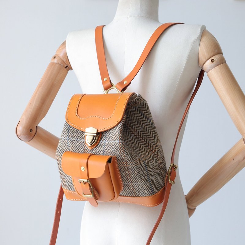 【羊毛拼皮】Harris Tweed 女士背包復古文藝女包 秋冬女士包包 - 背包/後背包/書包 - 真皮 橘色