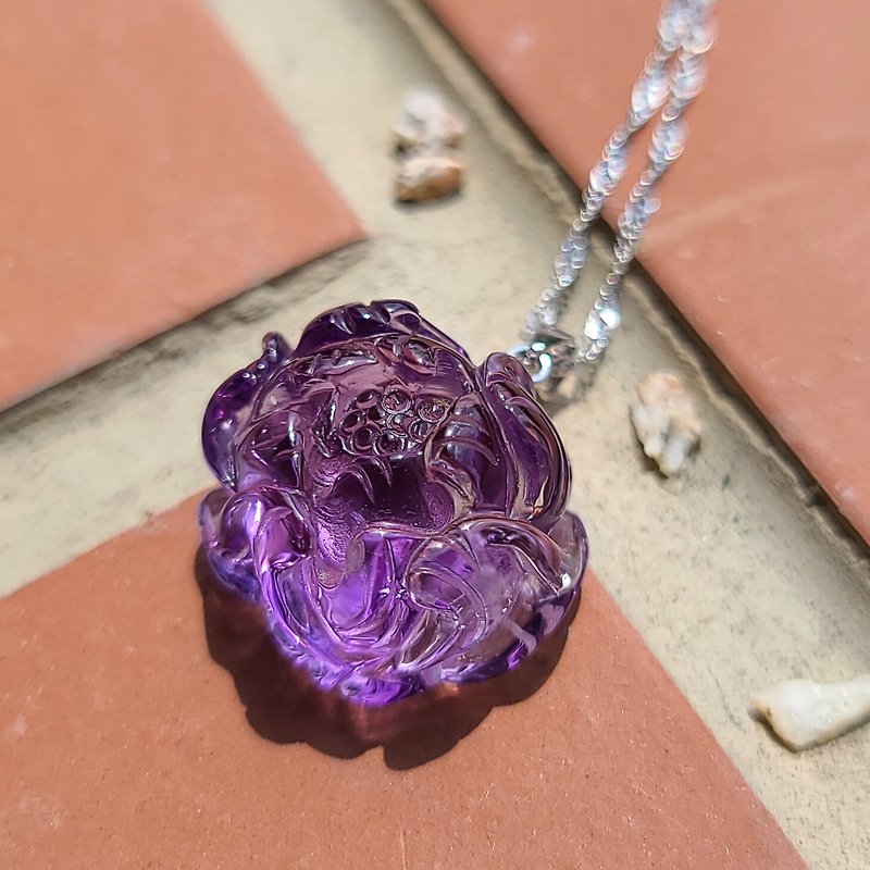 Girls Crystal World-【Peony】-Amethyst Necklace Pendant with 925 Sterling Silver Chain - Necklaces - Crystal Purple