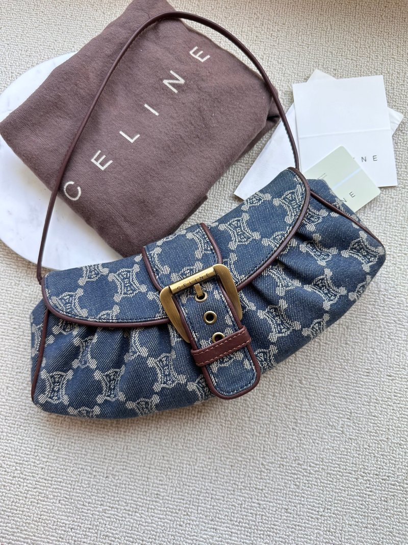 Second-hand bag Celine Vintage Second-hand Arc de Triomphe pattern denim armpit bag - กระเป๋าแมสเซนเจอร์ - ผ้าฝ้าย/ผ้าลินิน สีน้ำเงิน