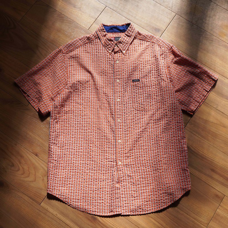 ABOUT vintage/selected items. CHAPS orange and white bubble cotton plaid shirt - เสื้อเชิ้ตผู้ชาย - ผ้าฝ้าย/ผ้าลินิน สีส้ม