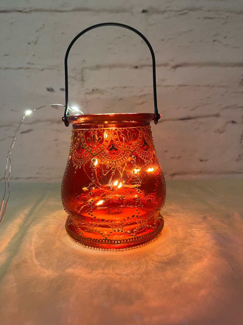 Hand-painted carved glass/candle holder/flower vessel/HENNA/ethnic style - Pottery & Ceramics - Glass Red