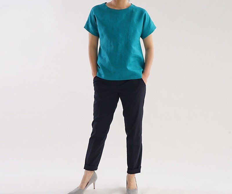 linen / linen shirt / tops / short sleeve / loose fitted / relaxed / t1-54 - เสื้อผู้หญิง - ผ้าฝ้าย/ผ้าลินิน สีน้ำเงิน